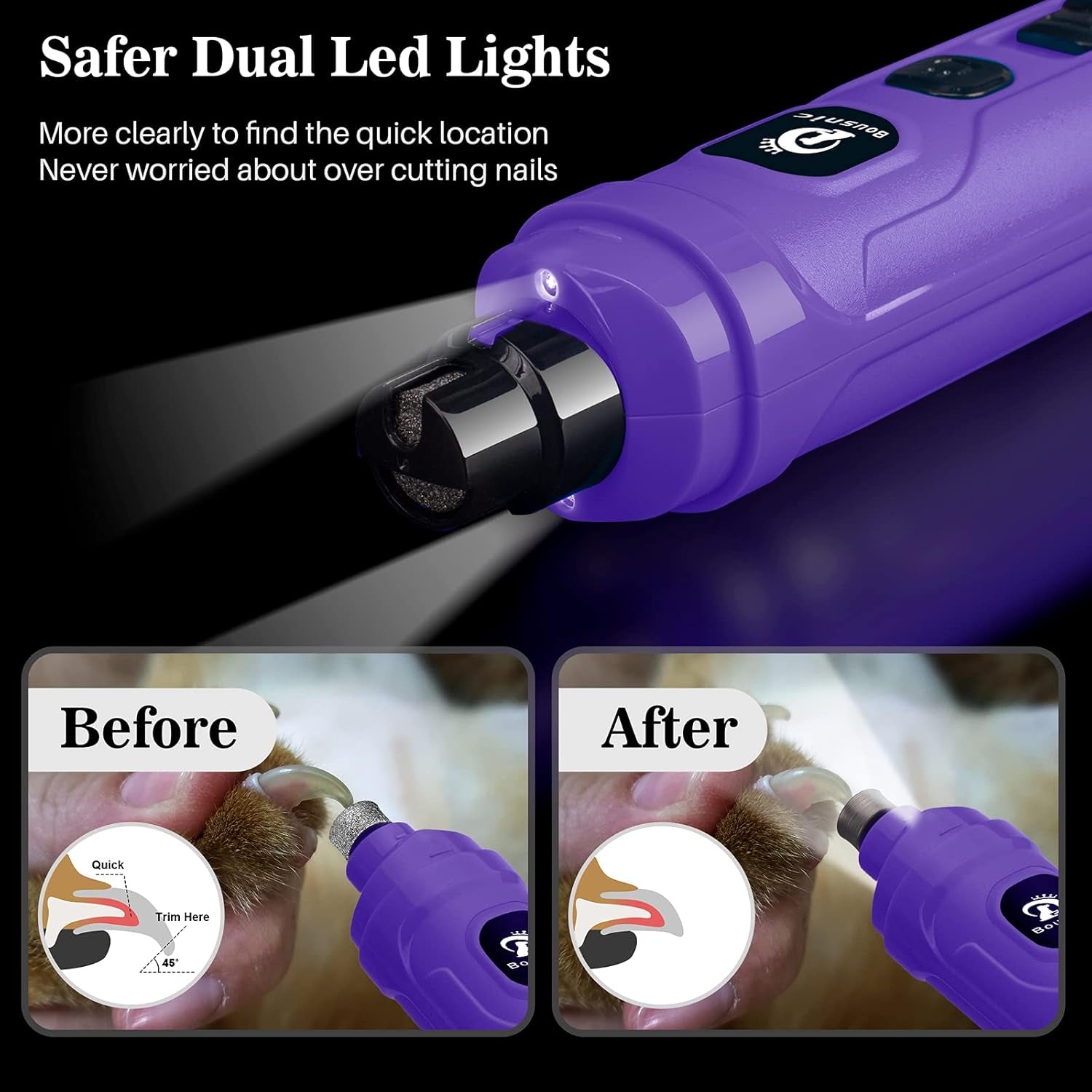 Dog Nail Grinder with 2 LED Light - Super Quiet Pet Nail Grinder Powerful 2-Speed Electric Dog Nail Trimmer File Toenail Grinder for Puppy Small Medium Large Breed Dogs & Cats (Purple)