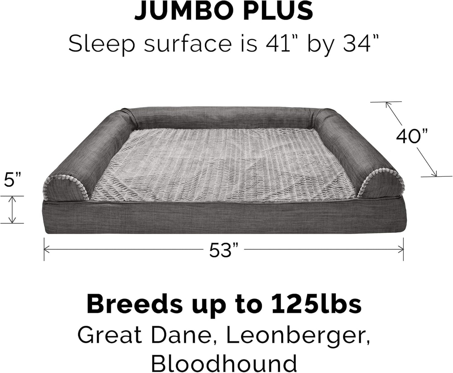Orthopedic Dog Bed for Large Dogs W/ Removable Bolsters & Washable Cover, for Dogs up to 125 Lbs - Luxe Faux Fur & Performance Linen Sofa - Charcoal, Jumbo Plus/Xxl