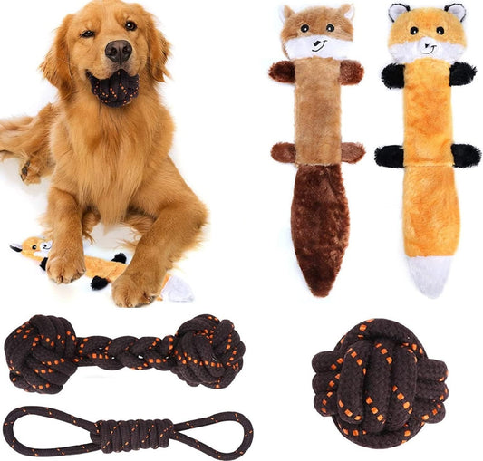 Dog Toys, Squeaky No Stuffing Fox Raccoon Plush Toys Indestructible Cotton Rope Chew Set Toys Tooth Cleaning, Interactive Game,Anxiety Release for Small Medium Aggressive Chewers