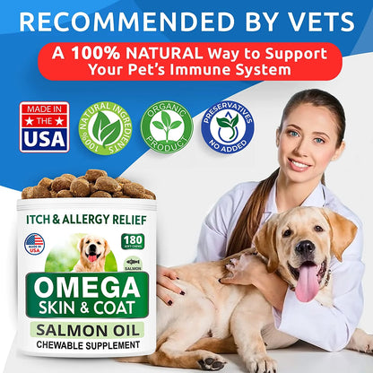 Omega 3 for Dogs - 360 Fish Oil Treats for Dog Shedding, Skin Allergy, Itch Relief, Hot Spots Treatment - Joint Health - Skin and Coat Supplement - EPA & DHA Fatty Acids - Salmon Oil