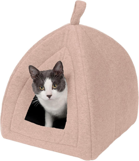 Cat Bed Cave for Indoor Cats & Small Dogs, Washable & Foldable W/ Removable Cushion - Polar Fleece Pet Tent - Beige Buff, Small, 16.0"L X 13.0"W X 13.0"Th