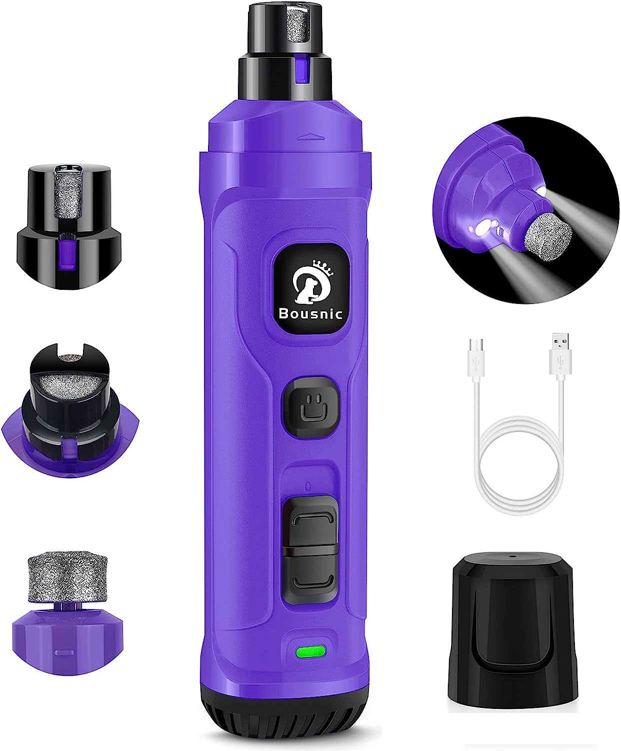 Dog Nail Grinder with 2 LED Light - Super Quiet Pet Nail Grinder Powerful 2-Speed Electric Dog Nail Trimmer File Toenail Grinder for Puppy Small Medium Large Breed Dogs & Cats (Purple)