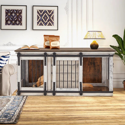 Solid Wood Dog Crate Furniture, Dog Kennel Tv Cabinet with Sliding Door, Stylish Dog House Indoor, Heavy Duty Kennel, Wooden Dog Cage Suitable for One Large Dog or Two Medium Sized Dogs