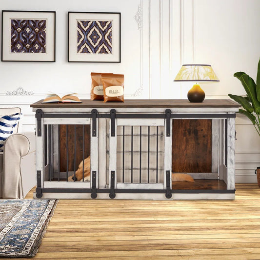 Solid Wood Dog Crate Furniture, Dog Kennel Tv Cabinet with Sliding Door, Stylish Dog House Indoor, Heavy Duty Kennel, Wooden Dog Cage Suitable for One Large Dog or Two Medium Sized Dogs