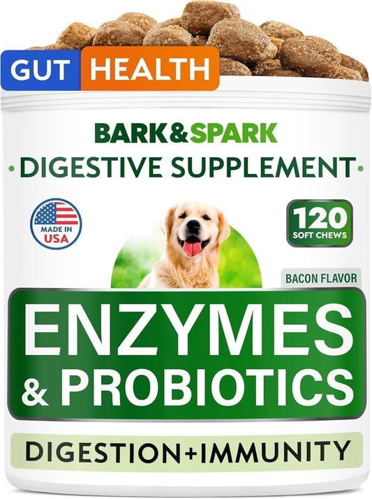Probiotics for Dogs & Digestive Enzymes (Gut Health) Allergy & Itchy Skin - Pet Diarrhea Gas Treatment Upset Stomach Relief Pill, Digestion Health Prebiotic Supplement (120 Count, Bacon)
