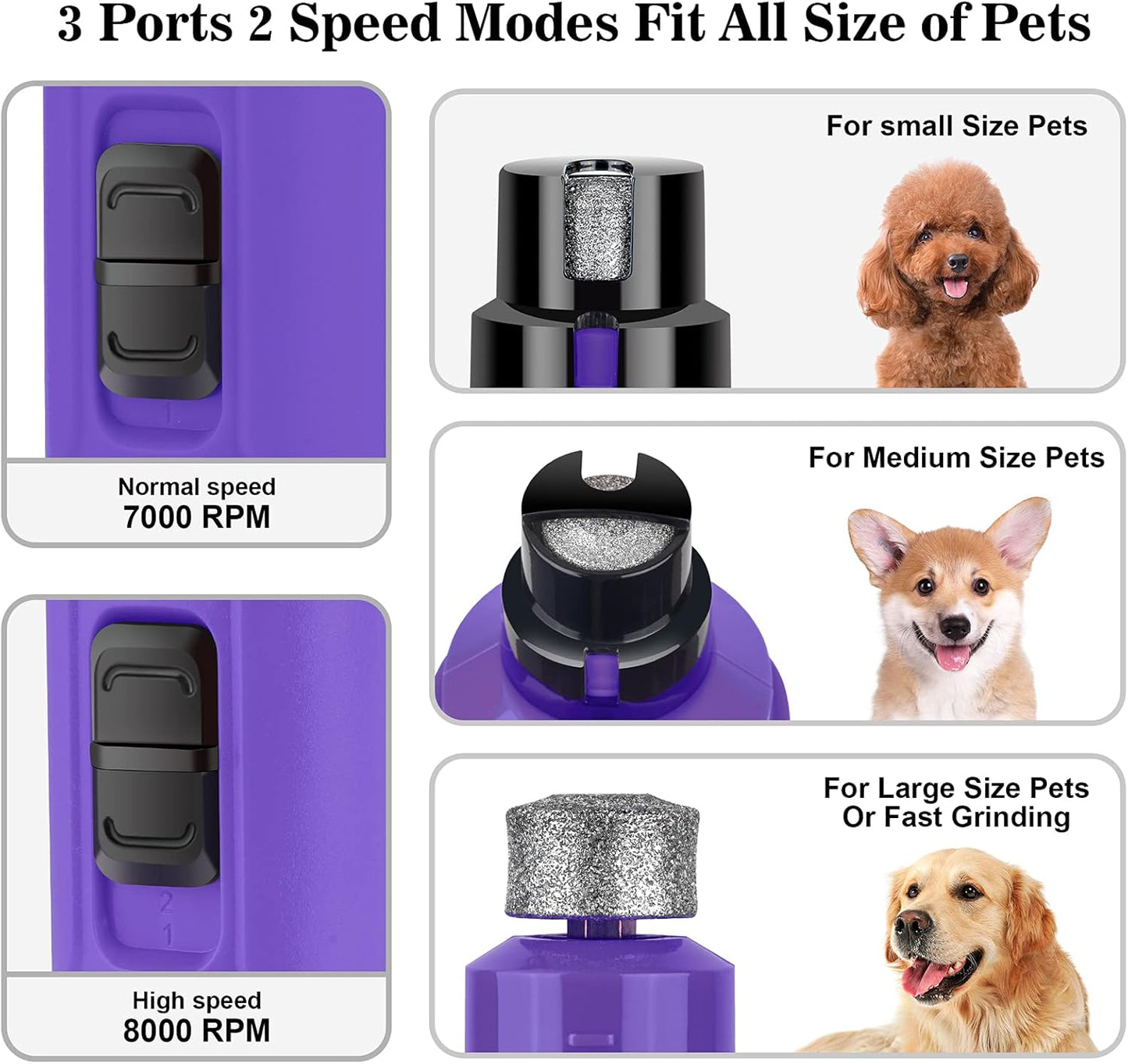 Dog Nail Grinder with 2 LED Light - Super Quiet Pet Nail Grinder Powerful 2-Speed Electric Dog Nail Trimmer File Toenail Grinder for Puppy Small Medium Large Breed Dogs & Cats (Purple)
