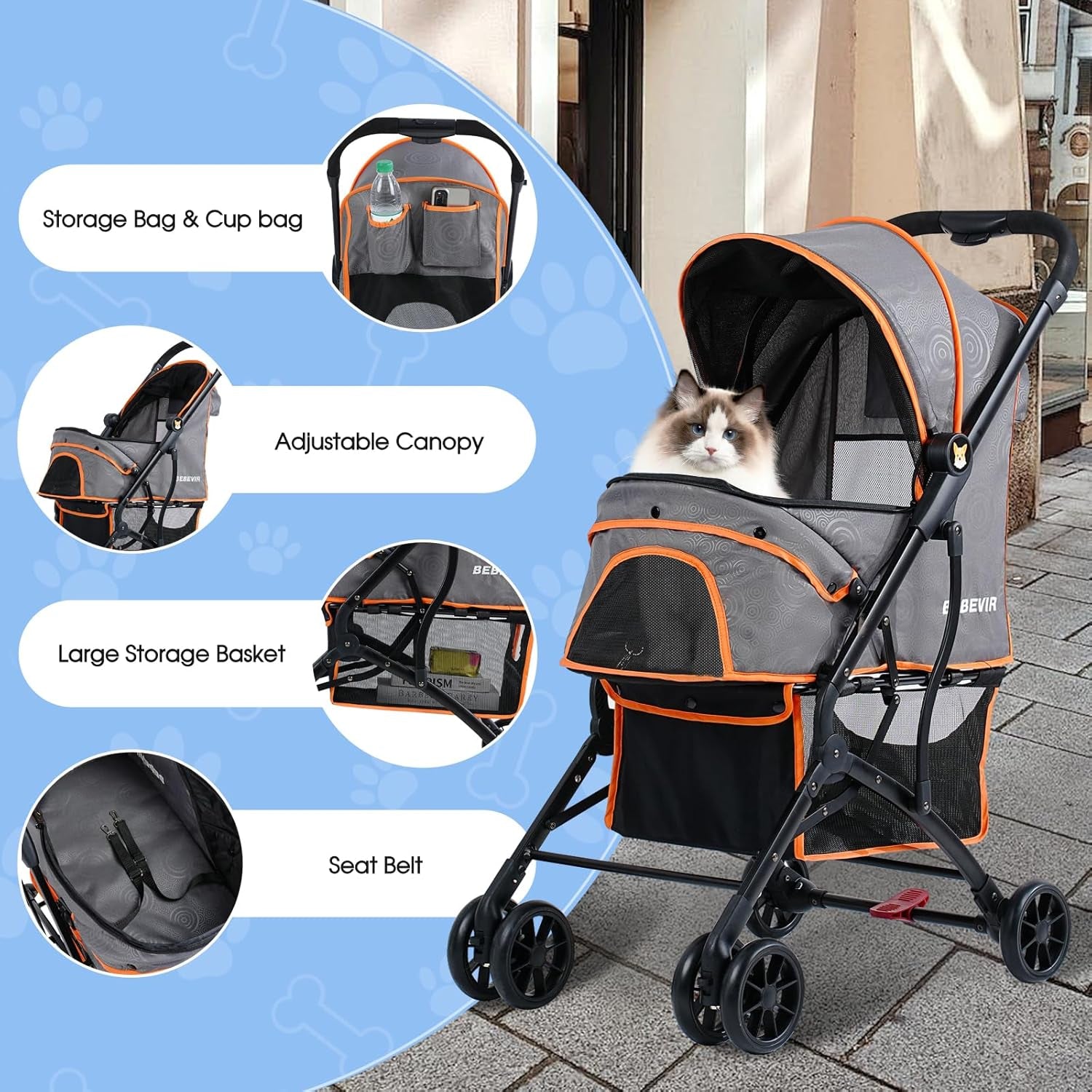 4 Wheels Dogs Cats Stroller for Small Medium Dogs Cats Pets up to 35 Lbs，Foldable Dog Cat Strollers Jogger Travel Stroller with Storage Basket and Cup Holder, Gray