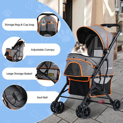 4 Wheels Dogs Cats Stroller for Small Medium Dogs Cats Pets up to 35 Lbs，Foldable Dog Cat Strollers Jogger Travel Stroller with Storage Basket and Cup Holder, Gray