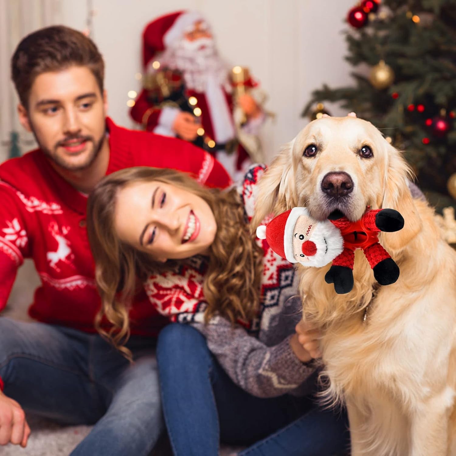 Christmas Squeaky Dog Toys, Durable Rubber Dog Chew Bite Toy Stuffed Dog Toys, Funny Interactive Dog Toys with Crinkle Paper for Puppy Small Medium Pets Dogs (Santa Claus)
