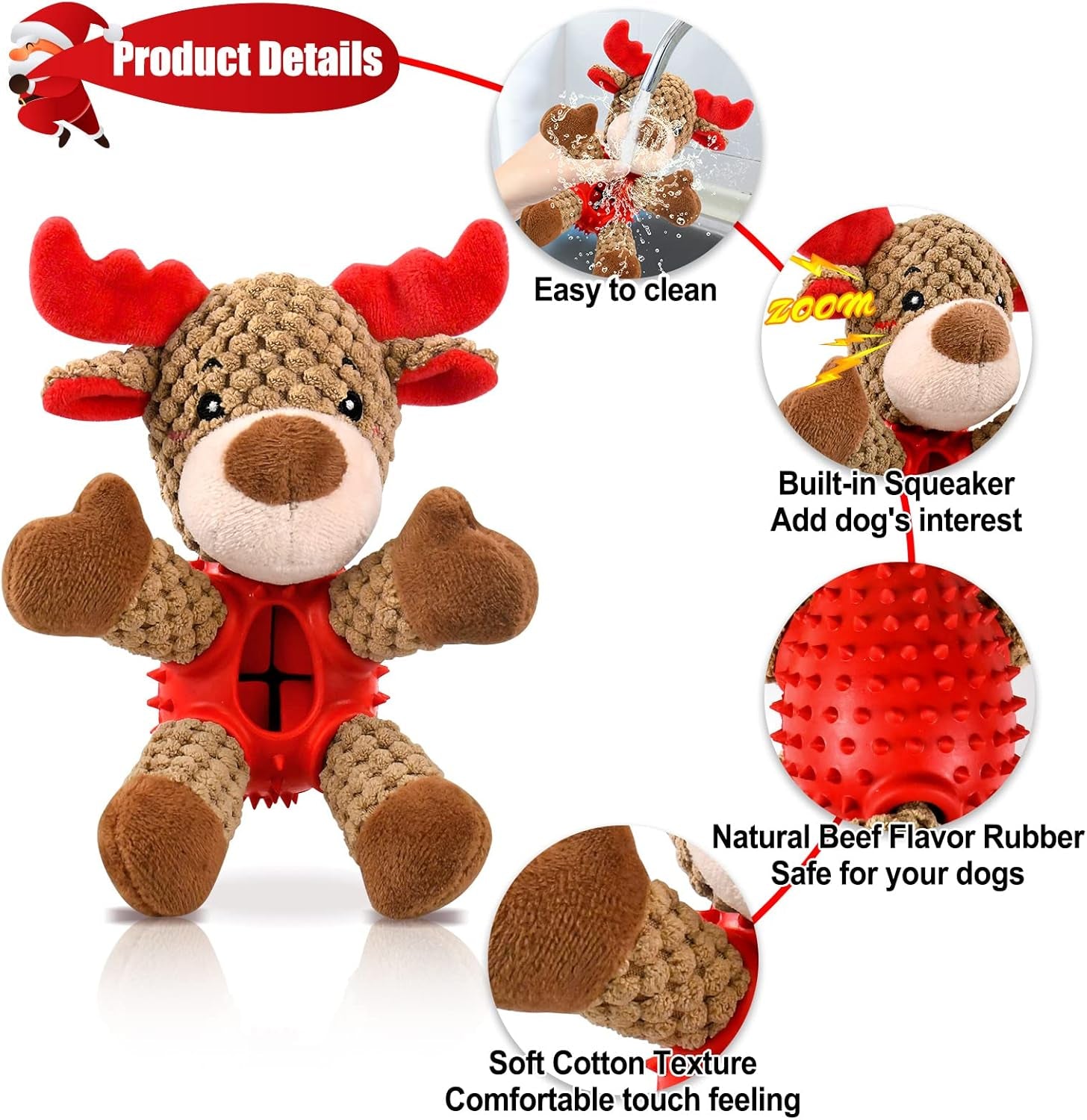 Christmas Squeaky Dog Toys, Durable Latex Rubber Chew Bite Toys Stuffed with Crinkle Paper for Puppy to Medium Pets (Elk)