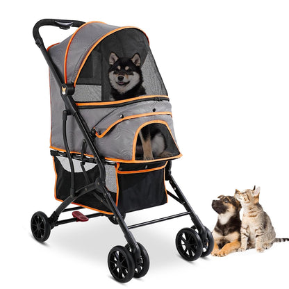 4 Wheels Dogs Cats Stroller for Small Medium Dogs Cats Pets up to 35 Lbs，Foldable Dog Cat Strollers Jogger Travel Stroller with Storage Basket and Cup Holder, Gray