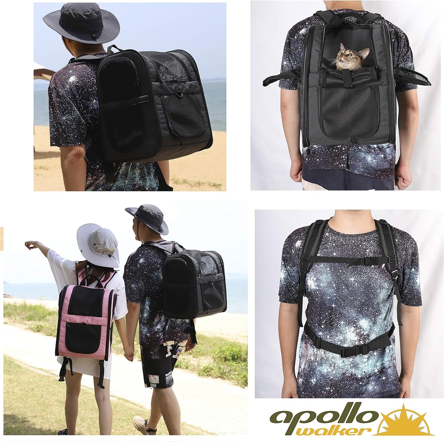 Dog & Cat Carrier Backpack for Medium/Small Pets - Ventilated Safe Design with Padded Back Support, Breathable Mesh Pet Backpack for Hiking, Travel, Outdoor (Black)