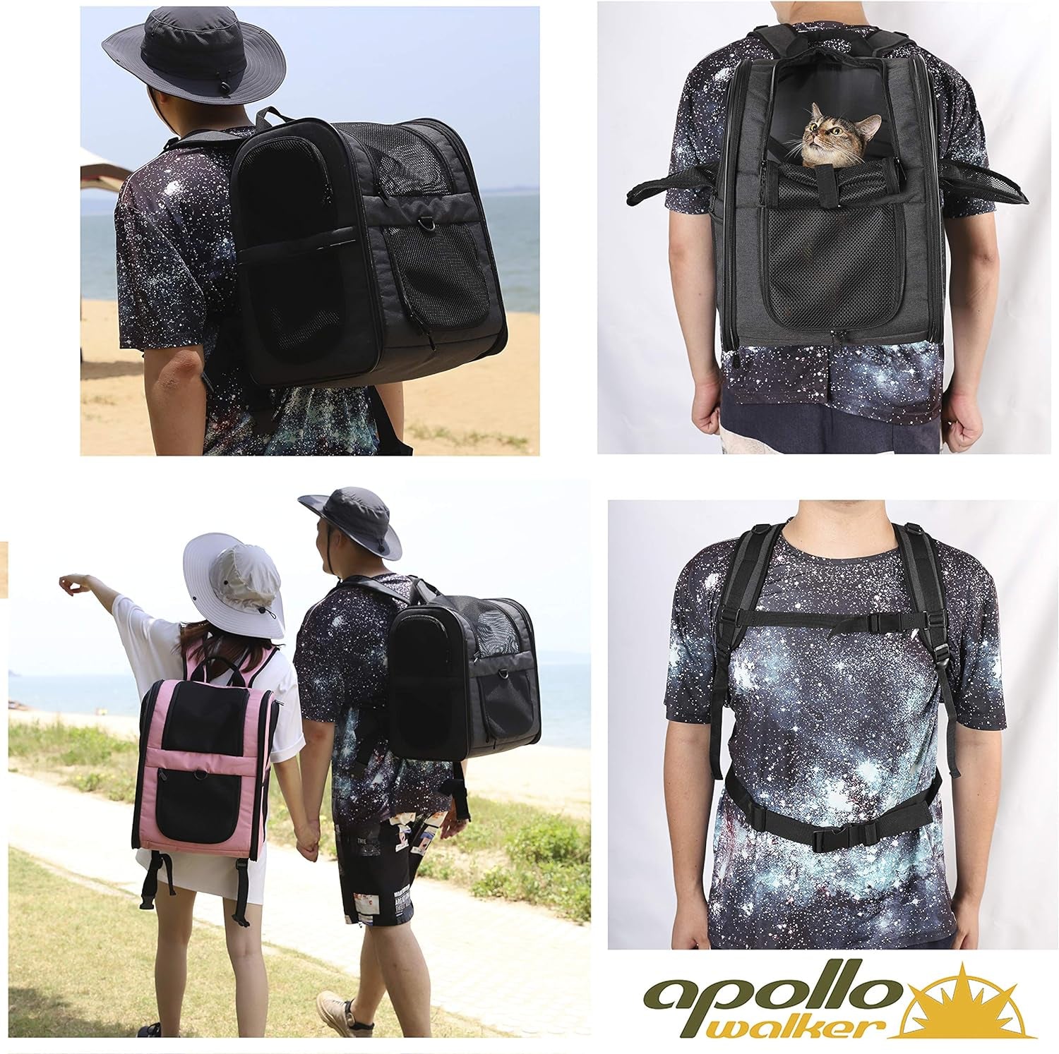 Dog & Cat Carrier Backpack for Medium/Small Pets - Ventilated Safe Design with Padded Back Support, Breathable Mesh Pet Backpack for Hiking, Travel, Outdoor (Black)