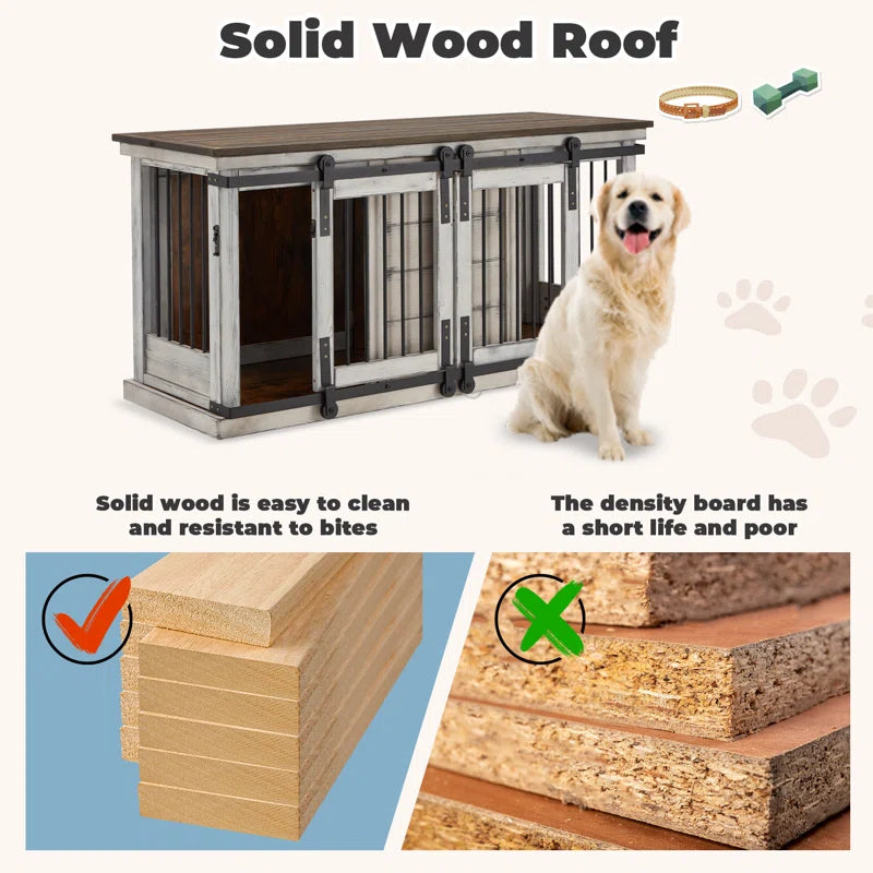 Solid Wood Dog Crate Furniture, Dog Kennel Tv Cabinet with Sliding Door, Stylish Dog House Indoor, Heavy Duty Kennel, Wooden Dog Cage Suitable for One Large Dog or Two Medium Sized Dogs