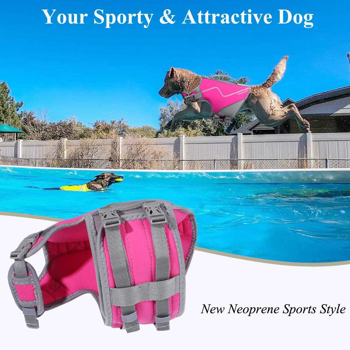 Neoprene Dog Life Jacket Dog Lifejacket for Boating Hunting & Swimming, Lightweight with Leash Ring, M, Pink