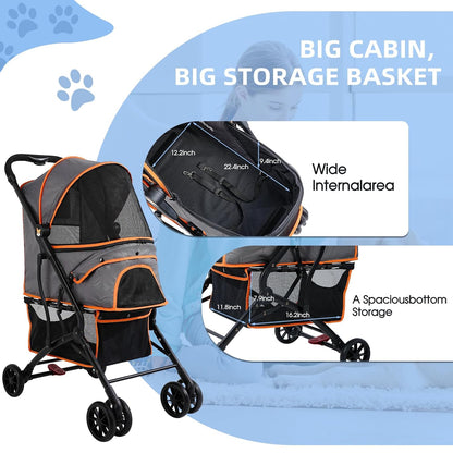 4 Wheels Dogs Cats Stroller for Small Medium Dogs Cats Pets up to 35 Lbs，Foldable Dog Cat Strollers Jogger Travel Stroller with Storage Basket and Cup Holder, Gray