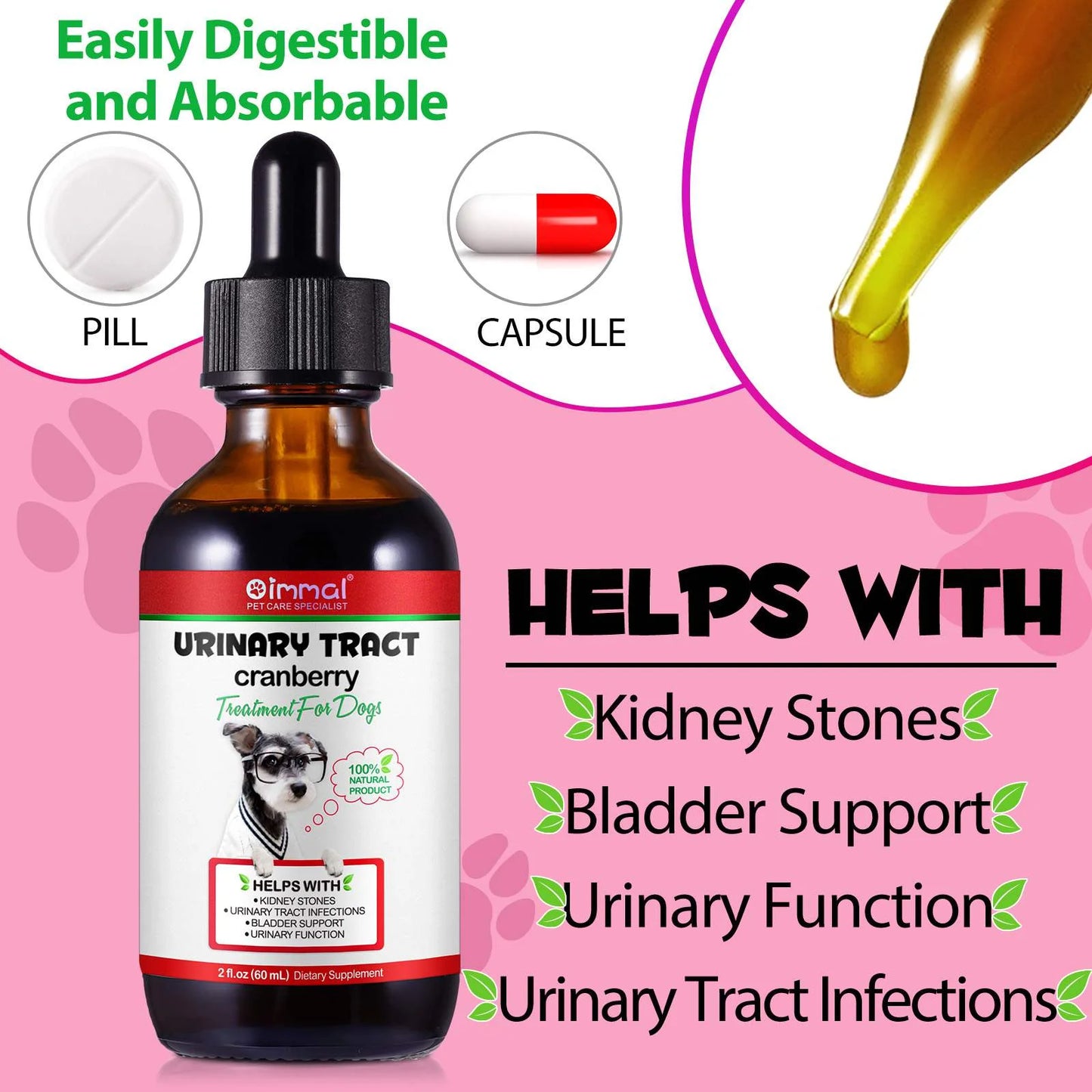 Urinary Tract Infection Drops for Dog | Natural Cranberry, Kidney + Bladder Support Supplement Dog Renal Health & Care (2 Fl Oz) - 1Pack