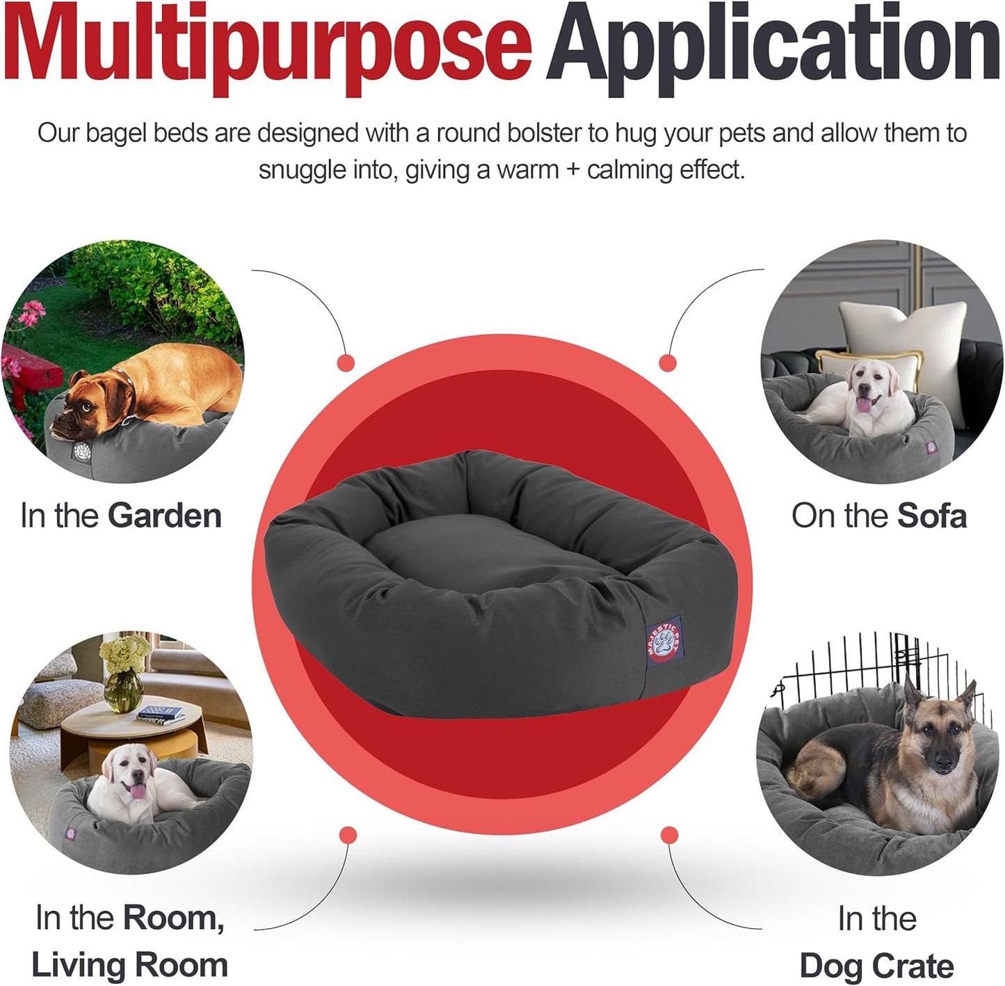 Dog Bagel Calming Bed, 40X29X9In, Soft round Pet Bed with Spine Support, Fluffy Donut Dog Bed, Large, Gray