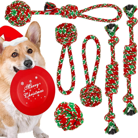 Christmas Dog Toys, 6 Pack Cotten Dog Rope Toys with Frisbee, Tug of War, Dog Gifts for Christmas, Dog Tug Toys Teething for Small and Medium Dogs