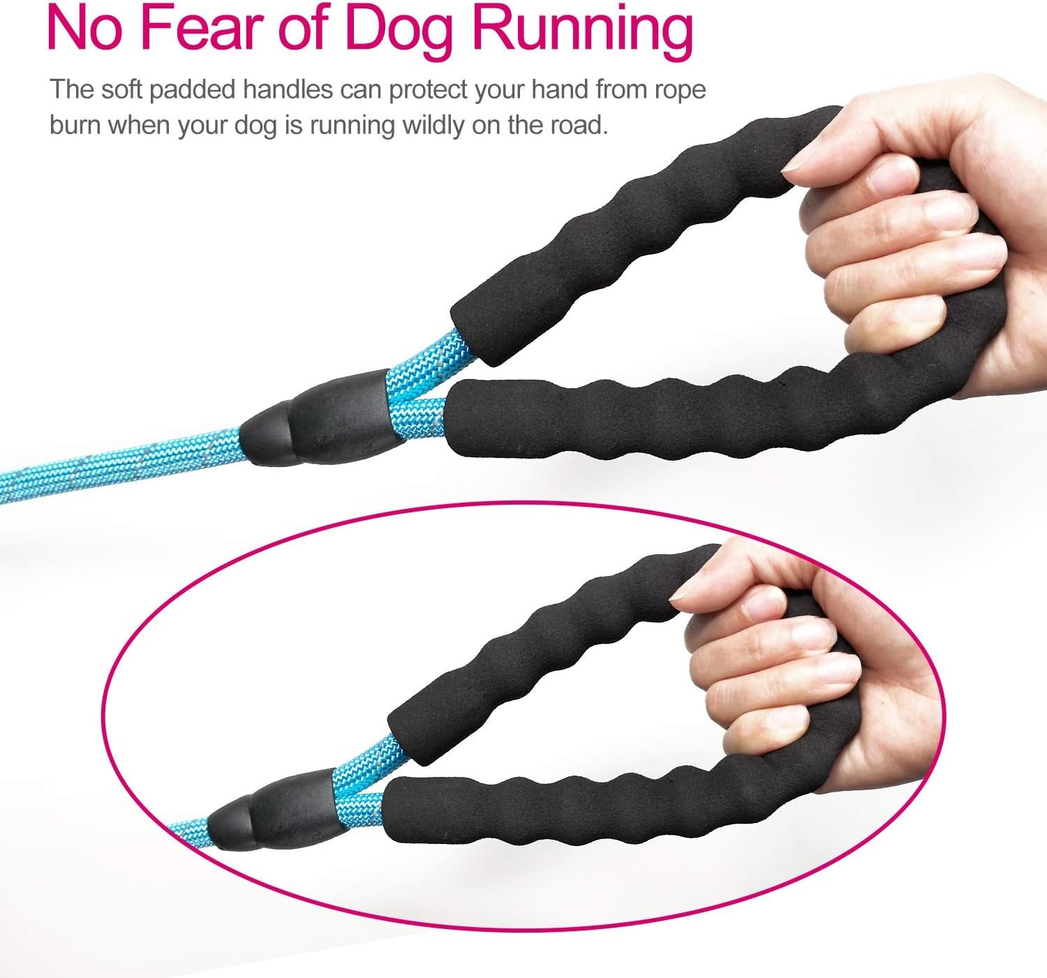 10 FT Strong Dog Leash Extra Heavy Duty Rock Climbing Rope Comfortable Padded Handle Highly Reflective Threads for Small Medium Large Dogs, 1/2 Inch Diameter (Blue)