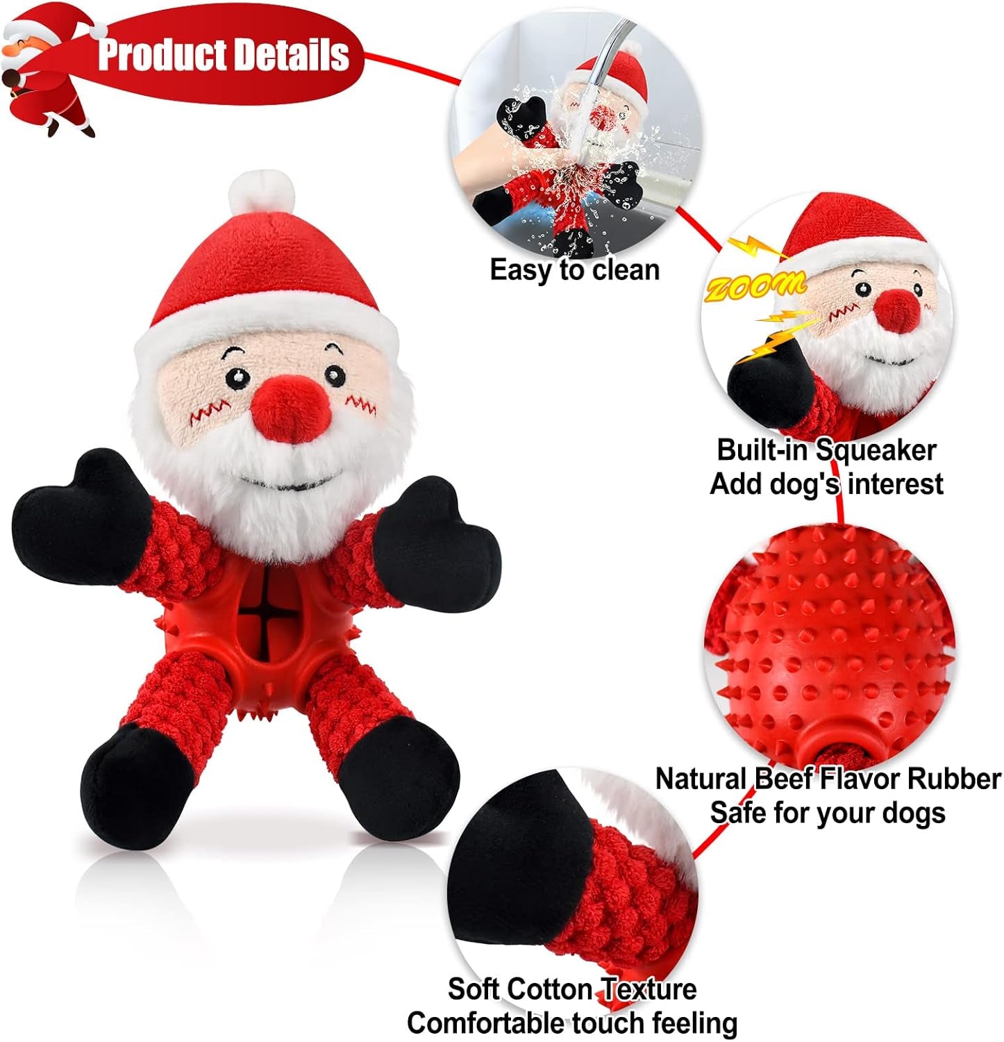 Christmas Squeaky Dog Toys, Durable Rubber Dog Chew Bite Toy Stuffed Dog Toys, Funny Interactive Dog Toys with Crinkle Paper for Puppy Small Medium Pets Dogs (Santa Claus)