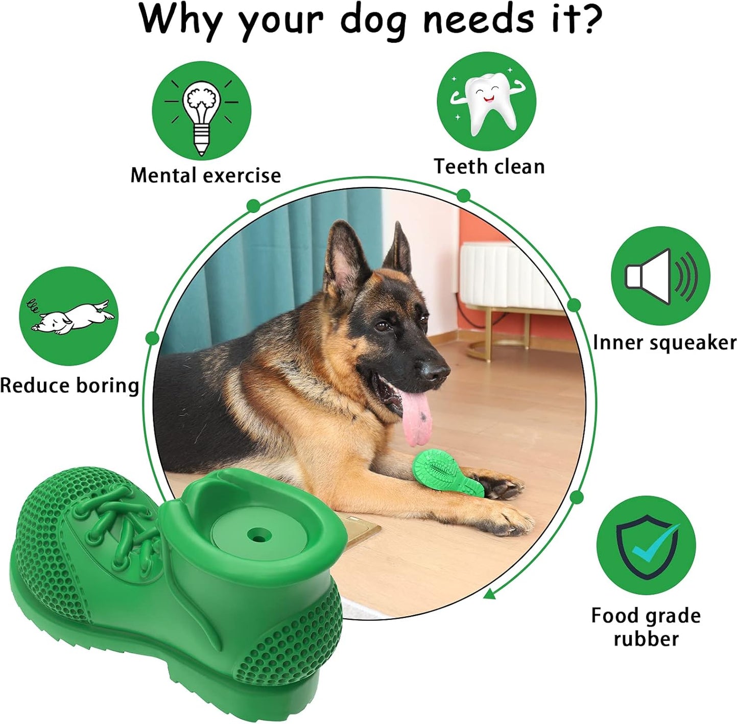 Dog Chew Toys, Rubber Dog Squeaky Chew Toys,Reduces Plaque & Tartar Teeth Cleaning Chew Toys, Tough Tear-Resistant Shoe Shape Dog Toys for Small Medium Dog(Green)