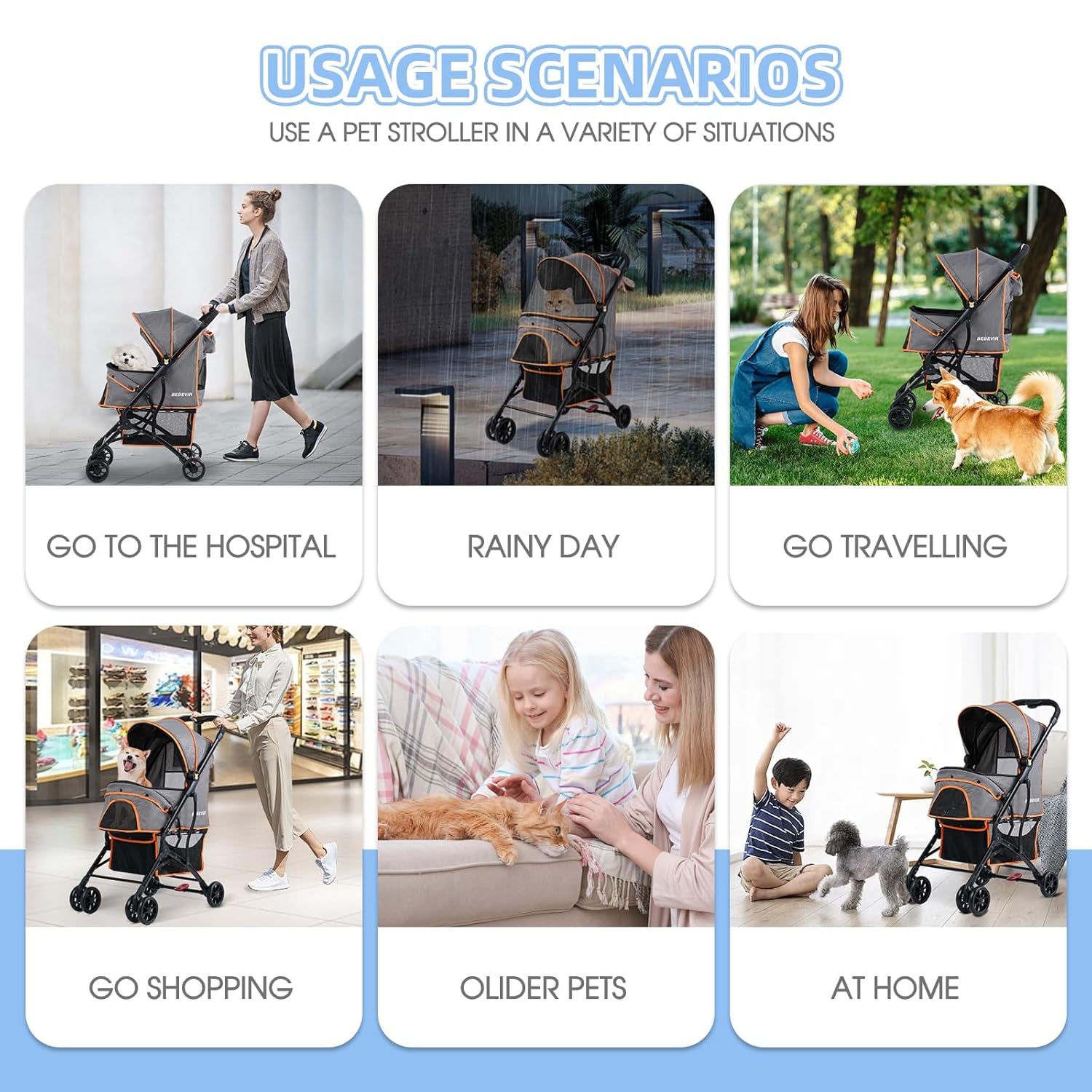 4 Wheels Dogs Cats Stroller for Small Medium Dogs Cats Pets up to 35 Lbs，Foldable Dog Cat Strollers Jogger Travel Stroller with Storage Basket and Cup Holder, Gray