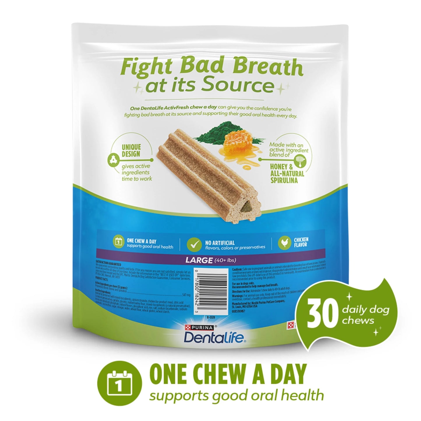 Purina  Activefresh Large Dog Treats Dental Chews with Chicken, 35 Oz Pouch, 2 Packs (30 Count)