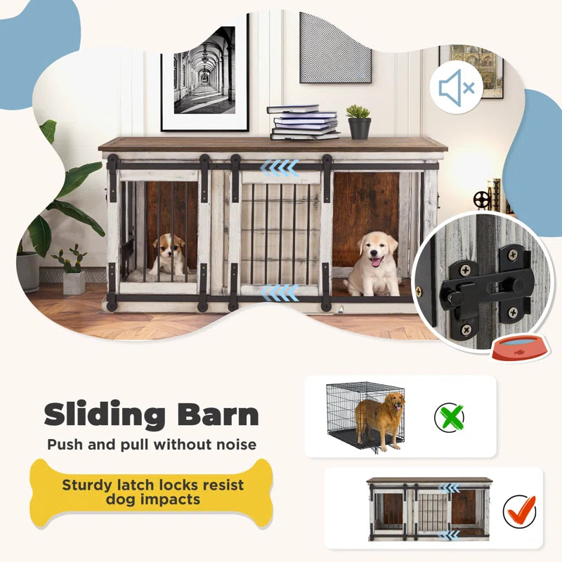 Solid Wood Dog Crate Furniture, Dog Kennel Tv Cabinet with Sliding Door, Stylish Dog House Indoor, Heavy Duty Kennel, Wooden Dog Cage Suitable for One Large Dog or Two Medium Sized Dogs