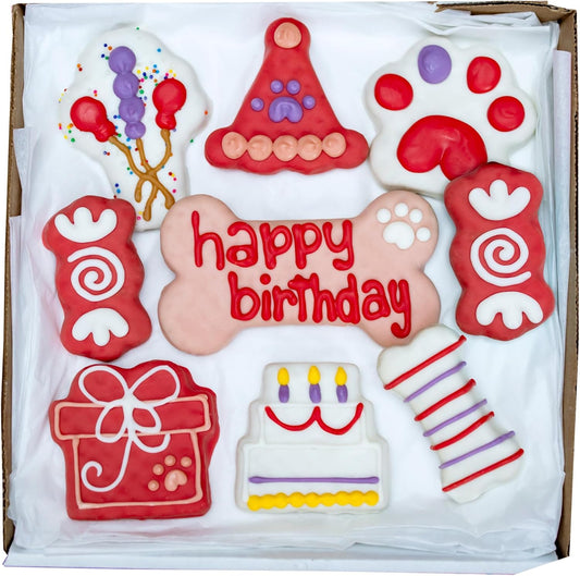 Wufers Dog Birthday Cookie Box - Dog Cookies, Human Grade Ingredients, Cute Hand Decorated and Gentle for Tummies of All Breed Sizes - 9 Cookies, Birthday Girl