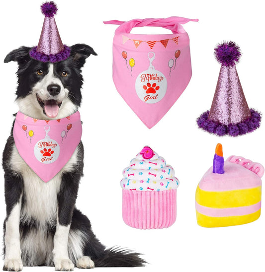 Dog Birthday Cake, Dog Birthday Party Supplies, 2PCS Squeaky Dog Toys, Puppy Birthday, Dog Gift Box with Birthday Bandana, Birthday Hat, Cute Dog Toys Large