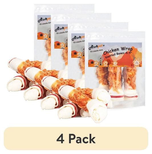(4 Pack)  6.5" Rawhide Dog Bone, Long Lasting Chicken Wrapped Dog Treats (4/Pack), Beefhide Bone for Large Dogs, 11Oz