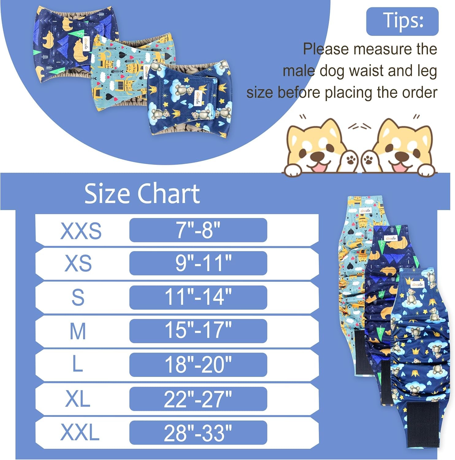 Reusable Dog Diapers Male 3Pcs, Premium Washable Belly Bands for Male Dogs Xsmall, High Absorbing Male Dog Wraps for Doggie & Puppy in Incontinence, Excitable Urination and Training (Bear, XS)