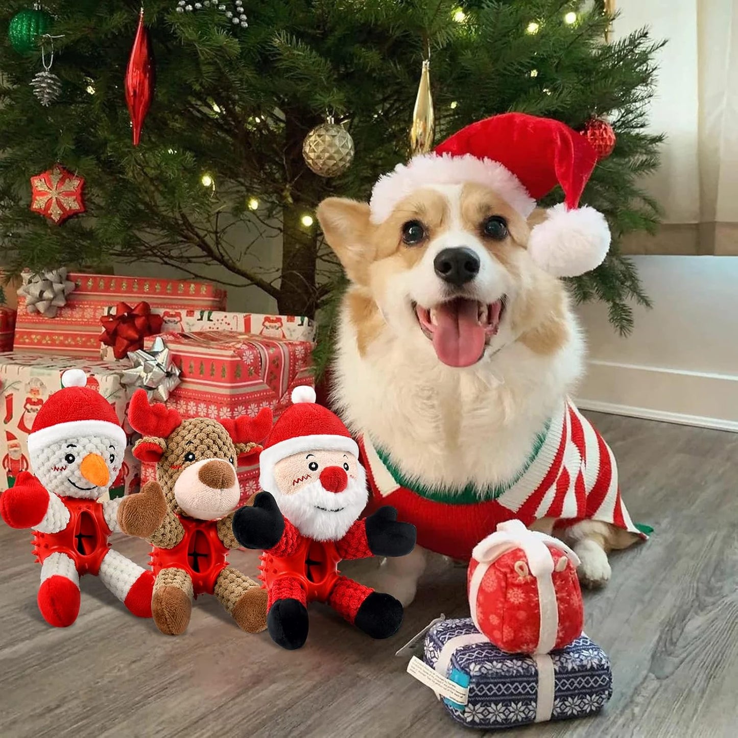 Christmas Squeaky Dog Toys, Durable Latex Rubber Chew Bite Toys Stuffed with Crinkle Paper for Puppy to Medium Pets (Elk)