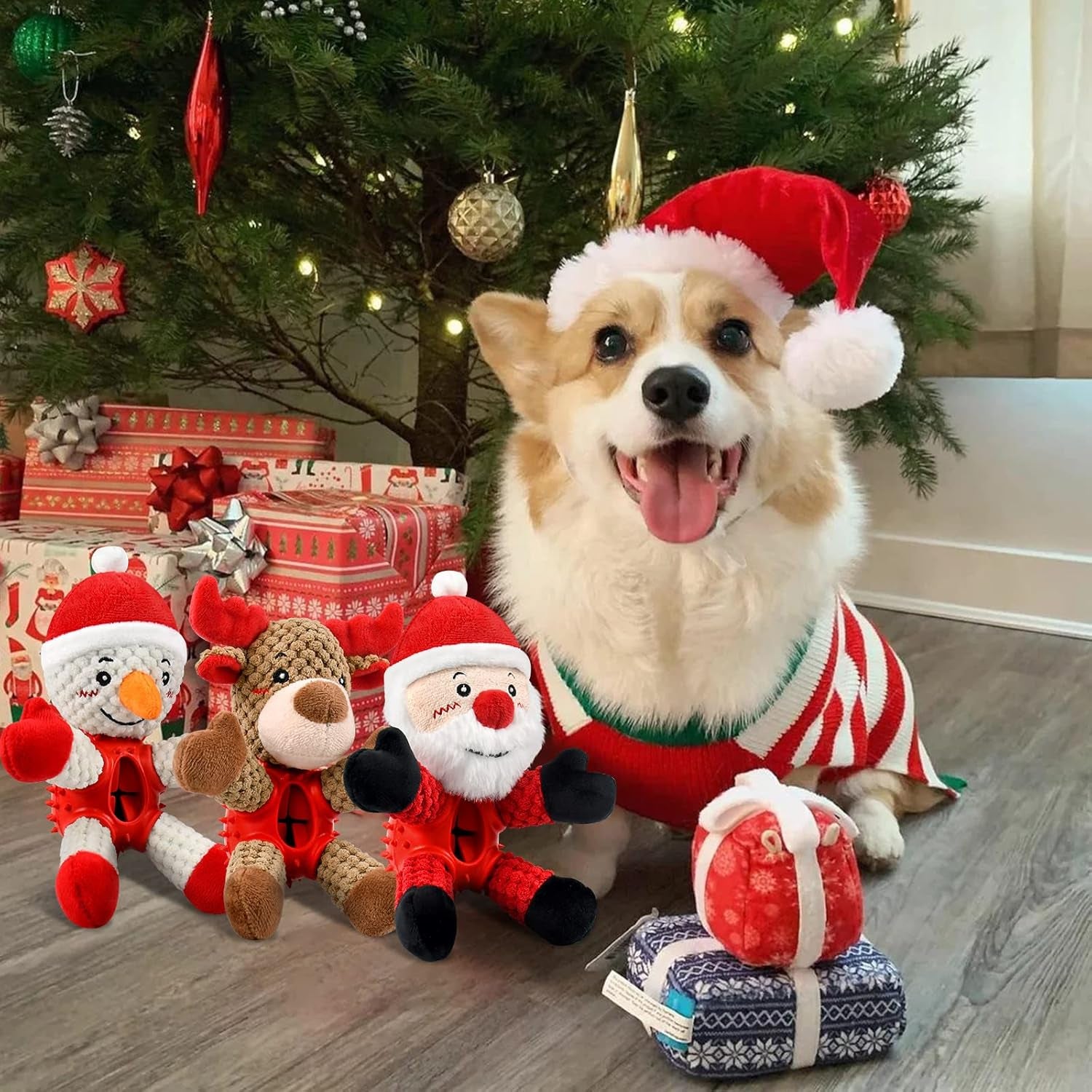 Christmas Squeaky Dog Toys, Durable Latex Rubber Chew Bite Toys Stuffed with Crinkle Paper for Puppy to Medium Pets (Elk)