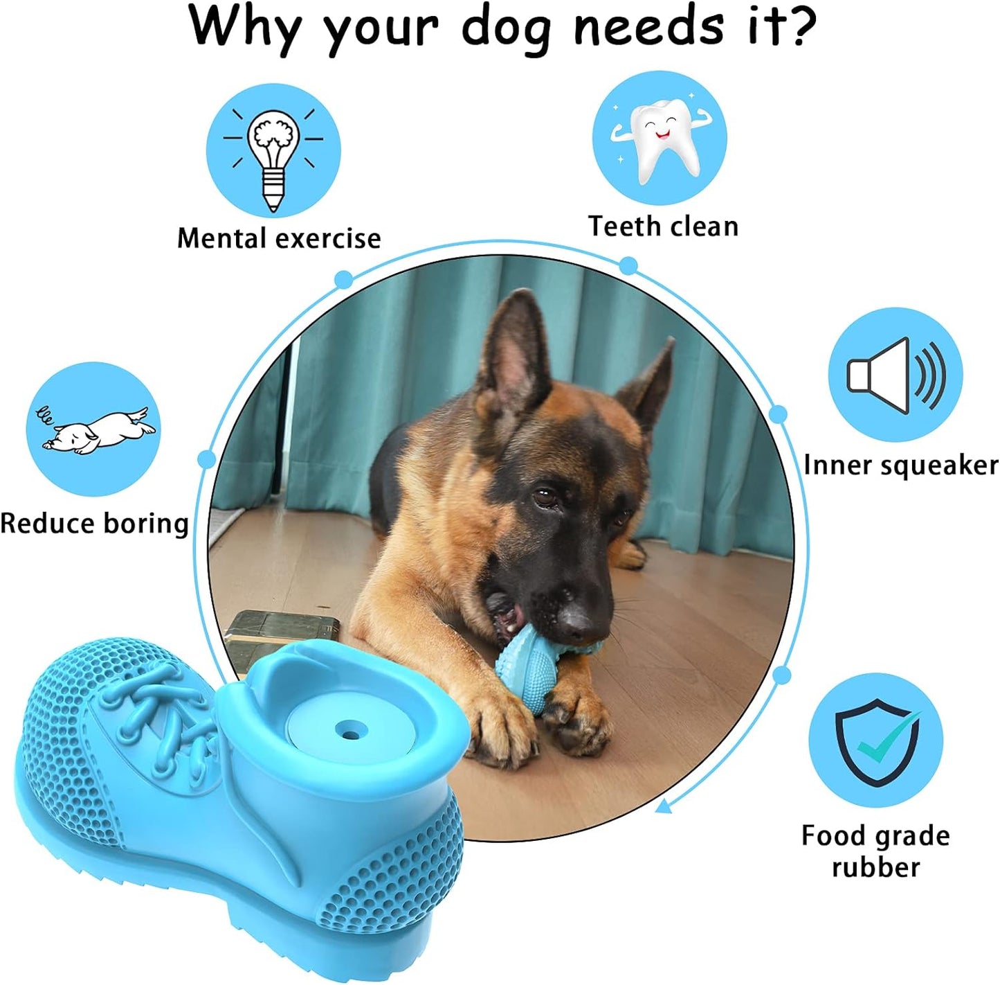 Dog Chew Toys - Squeaky, Tough & Tear-Resistant, Reduces Plaque & Tartar, Shoe Shape for Small & Medium Dogs (Blue)