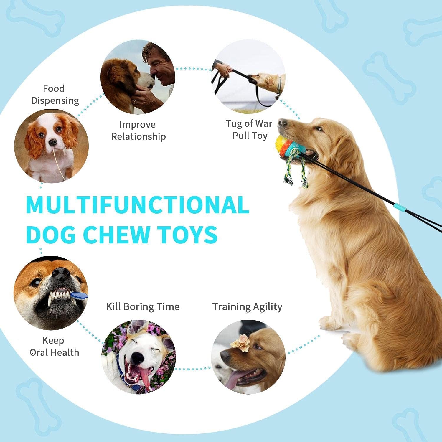 Dog Toys for Aggressive Chewers, Double Suction Cup Dogs Toys Dog Tug Toy, Dog Puzzle Chew Interactive Dog Toys Squeaky Molar Bite Ball for Teeth Cleaning & Food Dispensing