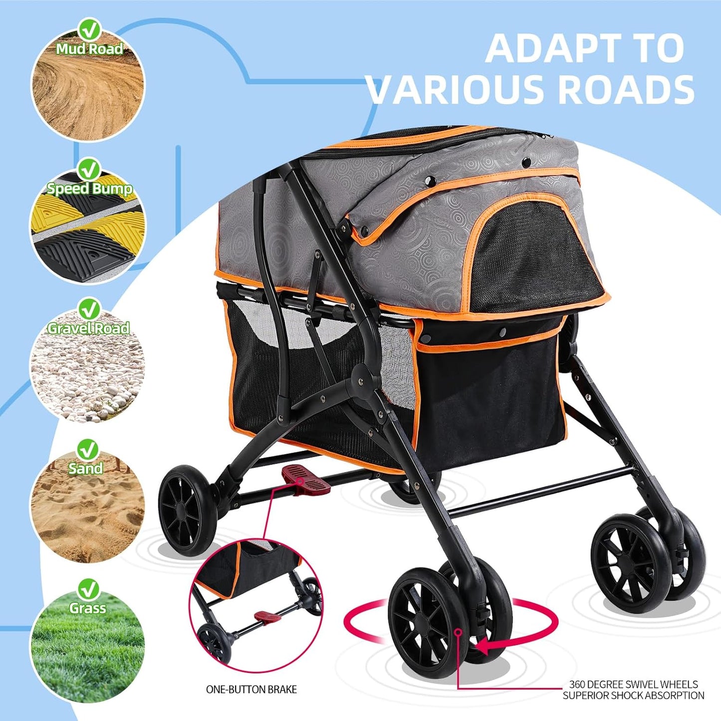 4 Wheels Dogs Cats Stroller for Small Medium Dogs Cats Pets up to 35 Lbs，Foldable Dog Cat Strollers Jogger Travel Stroller with Storage Basket and Cup Holder, Gray