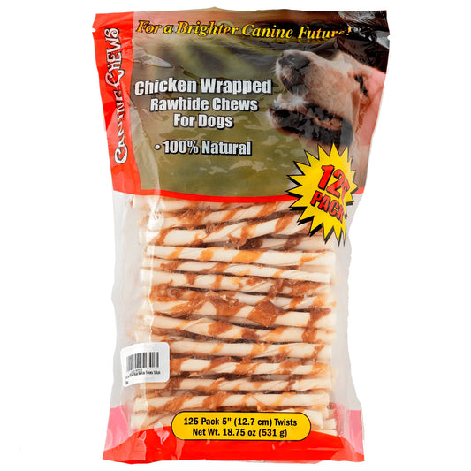 5" Chicken-Wrapped Rawhide Twist Stick Chews for Dogs (18.75 Oz) | All-Natural Long-Lasting Dental Treats for Small Dogs (125 Pack)