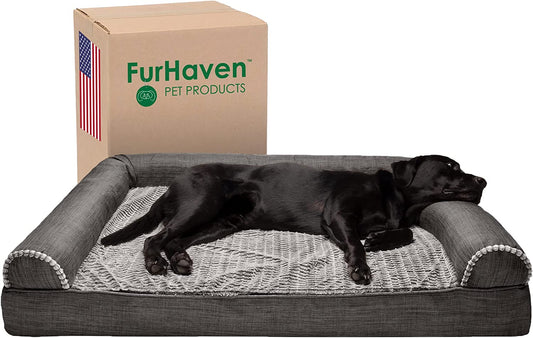 Orthopedic Dog Bed for Large Dogs W/ Removable Bolsters & Washable Cover, for Dogs up to 125 Lbs - Luxe Faux Fur & Performance Linen Sofa - Charcoal, Jumbo Plus/Xxl