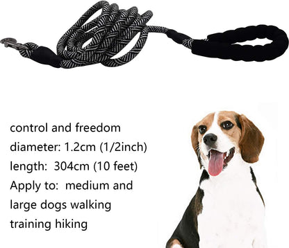 Heavy Duty 10 FT Dog Leash with Comfortable Padded Handle - Reflective, Medium & Large Dogs, Black