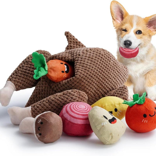 Nocciola Thanksgiving Turkey Dog Toy - 7-in-1 Interactive Puzzle with Squeaky Veggies for All Breeds!