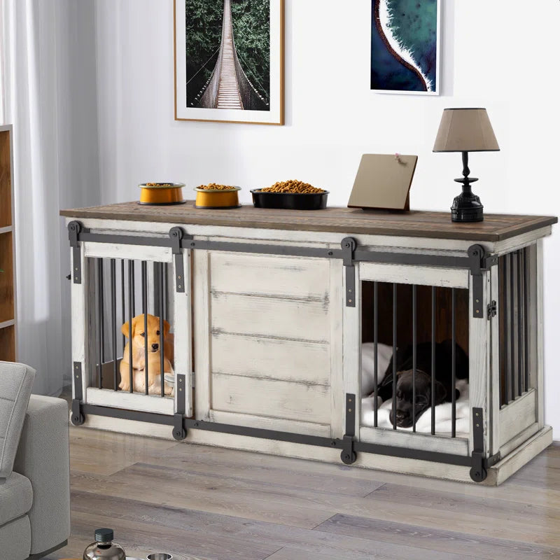 Solid Wood Dog Crate Furniture, Dog Kennel Tv Cabinet with Sliding Door, Stylish Dog House Indoor, Heavy Duty Kennel, Wooden Dog Cage Suitable for One Large Dog or Two Medium Sized Dogs