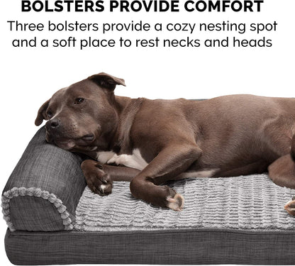 Orthopedic Dog Bed for Large Dogs W/ Removable Bolsters & Washable Cover, for Dogs up to 125 Lbs - Luxe Faux Fur & Performance Linen Sofa - Charcoal, Jumbo Plus/Xxl