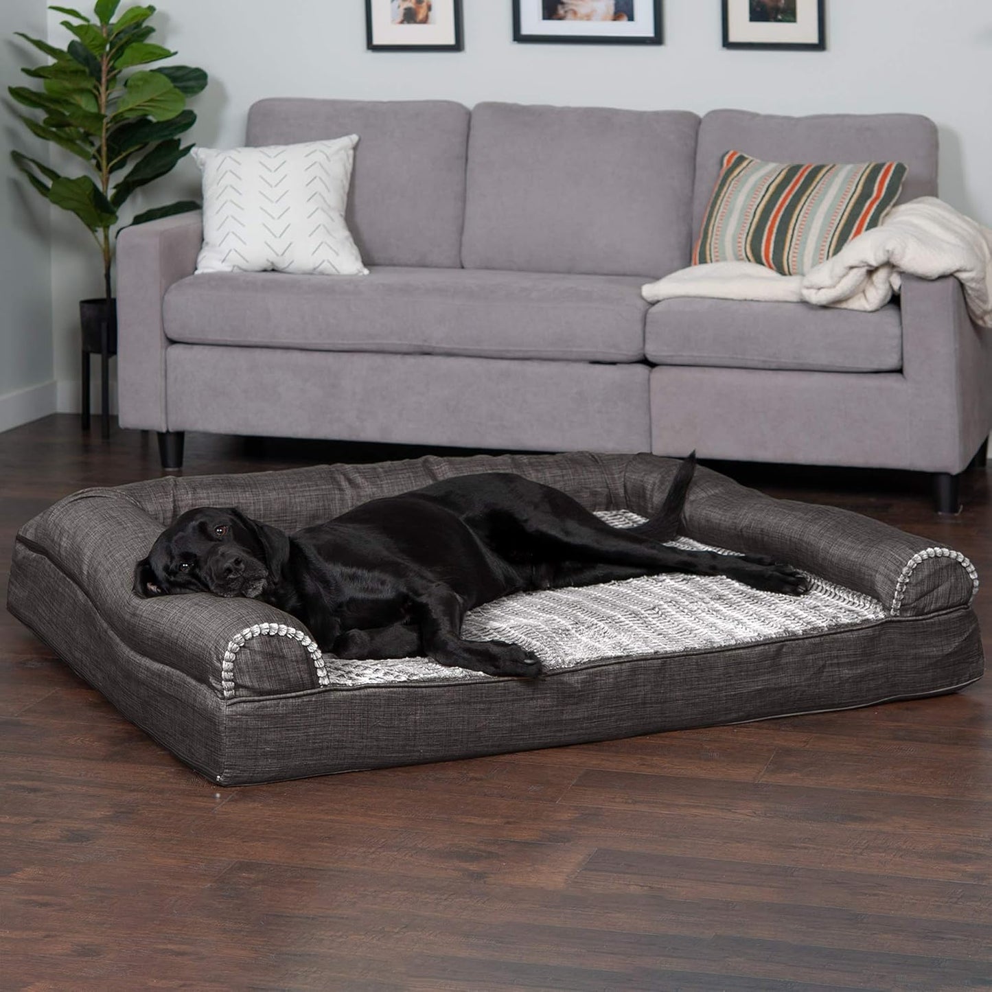 Orthopedic Dog Bed for Large Dogs W/ Removable Bolsters & Washable Cover, for Dogs up to 125 Lbs - Luxe Faux Fur & Performance Linen Sofa - Charcoal, Jumbo Plus/Xxl