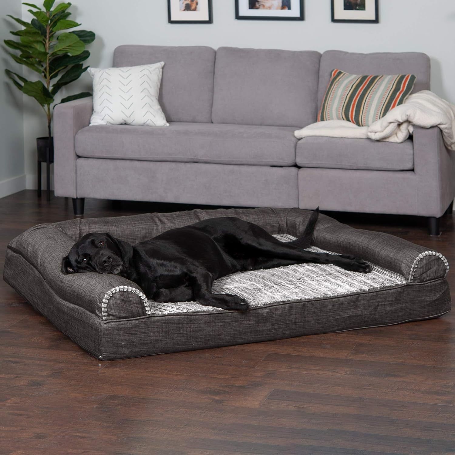 Orthopedic Dog Bed for Large Dogs W/ Removable Bolsters & Washable Cover, for Dogs up to 125 Lbs - Luxe Faux Fur & Performance Linen Sofa - Charcoal, Jumbo Plus/Xxl