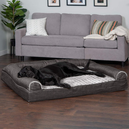 Orthopedic Dog Bed for Large Dogs W/ Removable Bolsters & Washable Cover, for Dogs up to 125 Lbs - Luxe Faux Fur & Performance Linen Sofa - Charcoal, Jumbo Plus/Xxl